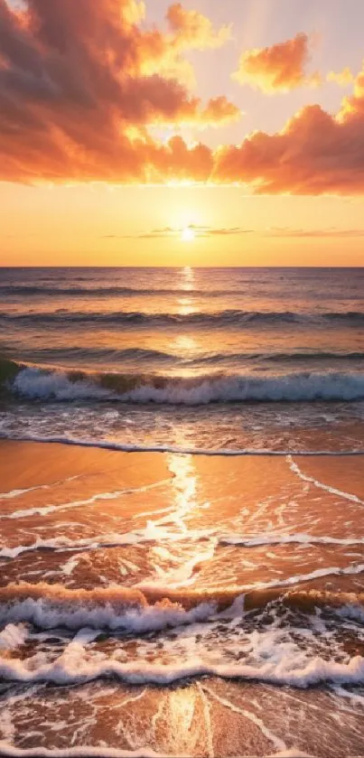 Serene ocean sunset with waves under vibrant orange sky.