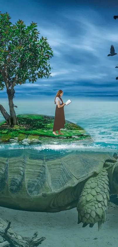 A surreal ocean scene with a turtle island and a reading figure.