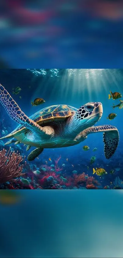 Graceful turtle swims in vibrant blue ocean with colorful coral and fish