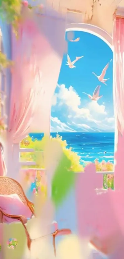 Serene ocean view with pink curtains and doves flying under a blue sky.