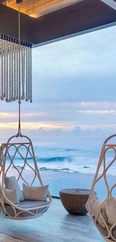 Serene ocean view from a luxury balcony with rattan chairs.