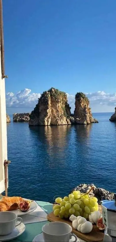 Open window with ocean view and breakfast table.