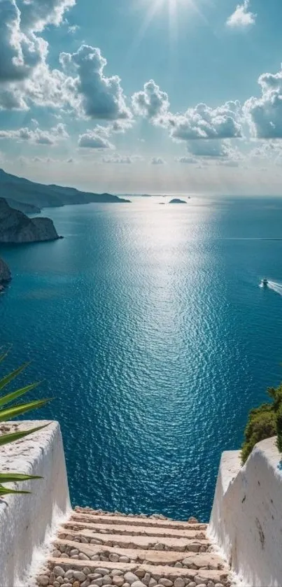 Serene ocean view with sunlit water and lush greenery.