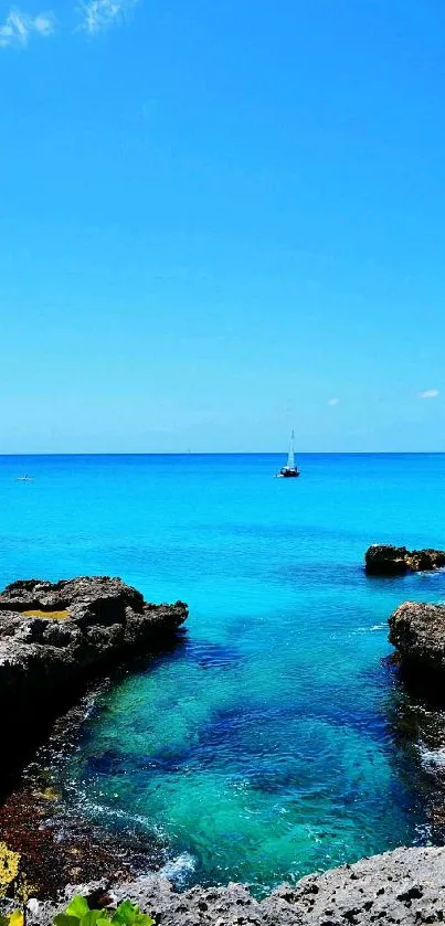 Serene ocean view with blue waters and rocky cliffs in mobile wallpaper.