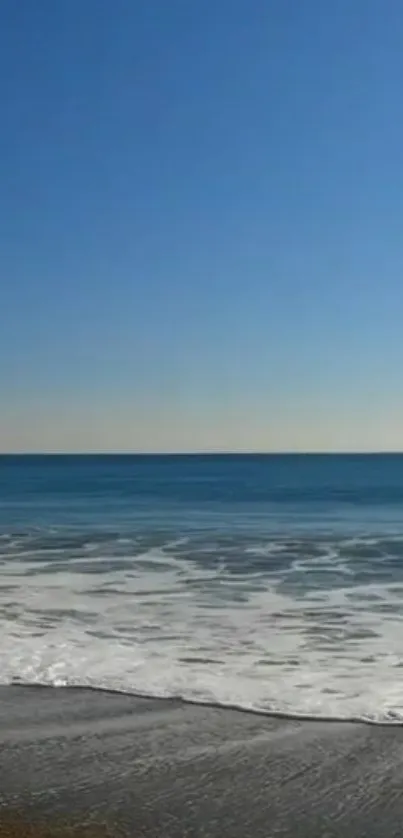 Serene ocean view with clear blue sky and gentle waves on the beach.