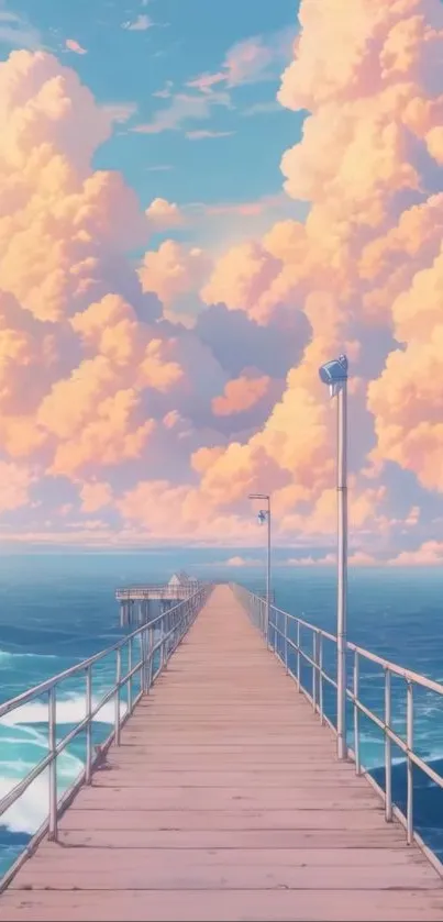 A wooden pier leading into a vast ocean under pink clouds.