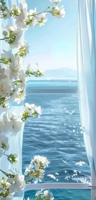 Serene ocean view with flowers by window.