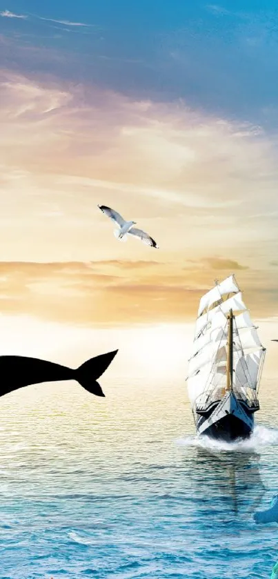 Majestic ship sailing at sunrise with dolphins and seagulls on an ocean backdrop.