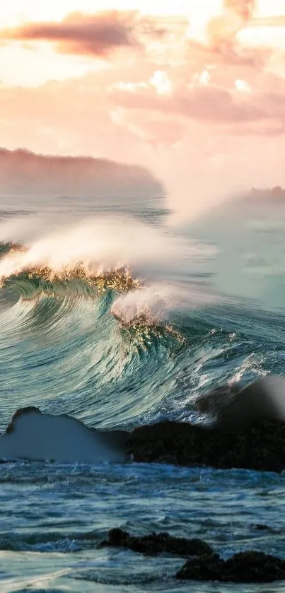 Serene ocean wave crashing on rocks at sunset.