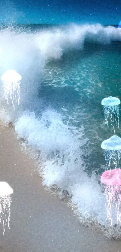 Calm ocean wave crashing onto sandy beach with clear teal water.