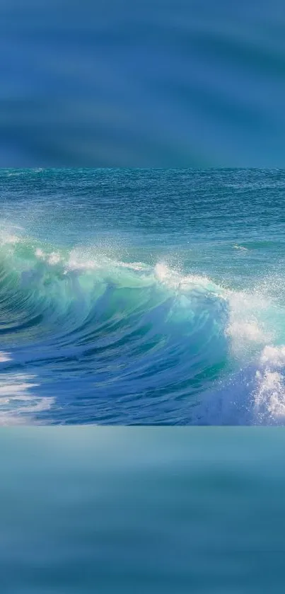 A vibrant turquoise wave under a clear blue sky, capturing ocean tranquility.