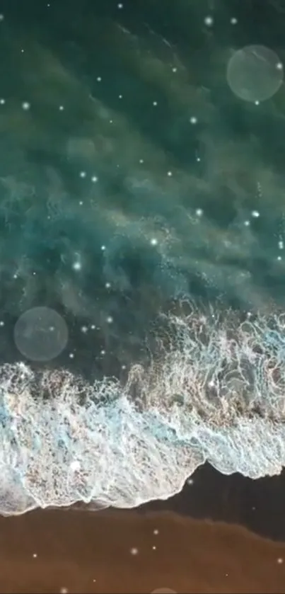 Aerial view of serene teal ocean waves on a sandy shore with gentle foam.