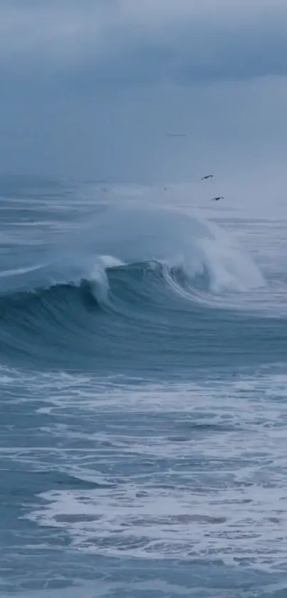 Tranquil ocean wave with blue tones and gentle sea breeze.