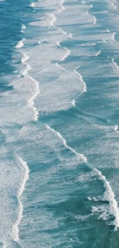 A serene view of ocean waves washing over a sandy beach under a calm blue sky.