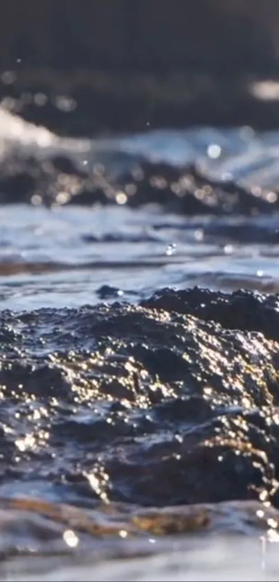 Ocean waves crashing gently on rocky shore, creating a serene and calming scene.