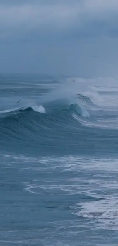 Serene ocean waves with overcast sky.