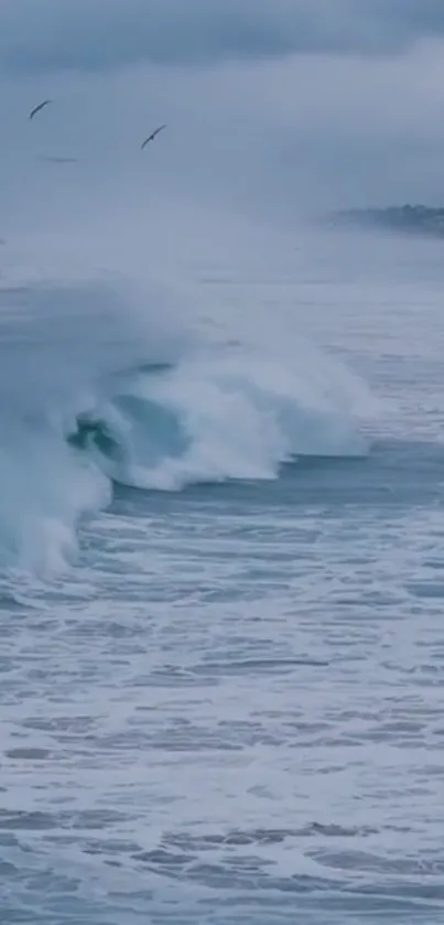 Serene ocean waves with misty horizon and blue water.