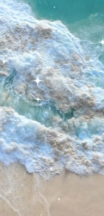 Ocean waves with sparkling sea foam on a serene beach setting.