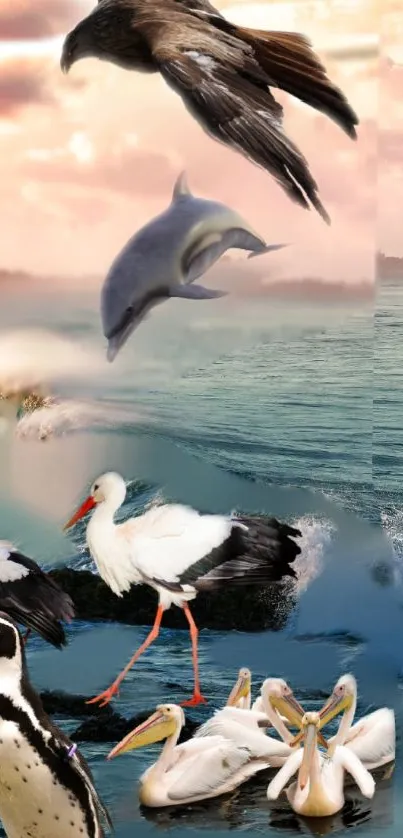 Ocean wildlife with birds and dolphin over serene sea.