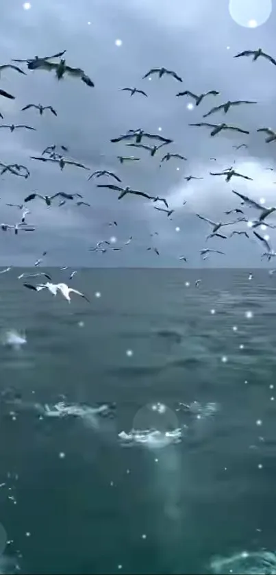 Flock of birds soaring over a serene ocean