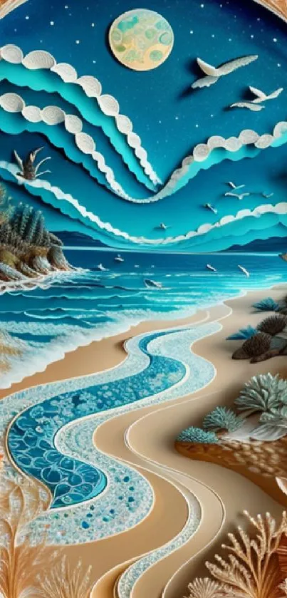 Intricate ocean and sky paper art with birds and moonlight in deep blue hues.