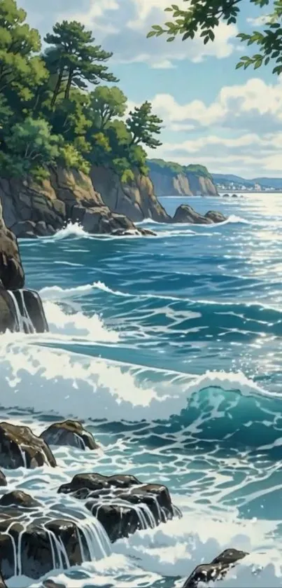 Scenic coastal cliff with waves crashing