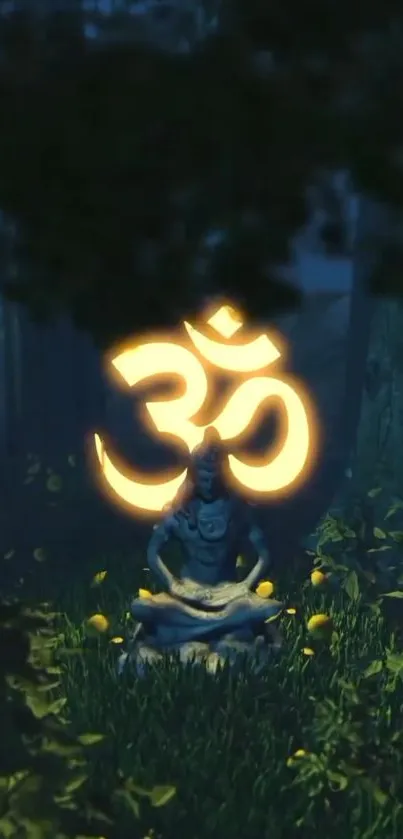 Meditative scene with glowing Om in forest setting.