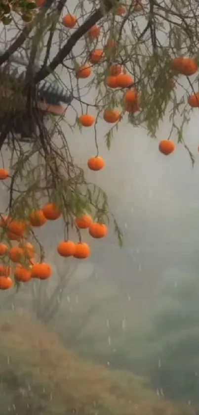 Serene orchard with orange fruits in misty garden setting.