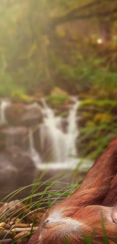 Orangutan resting near a serene jungle stream.