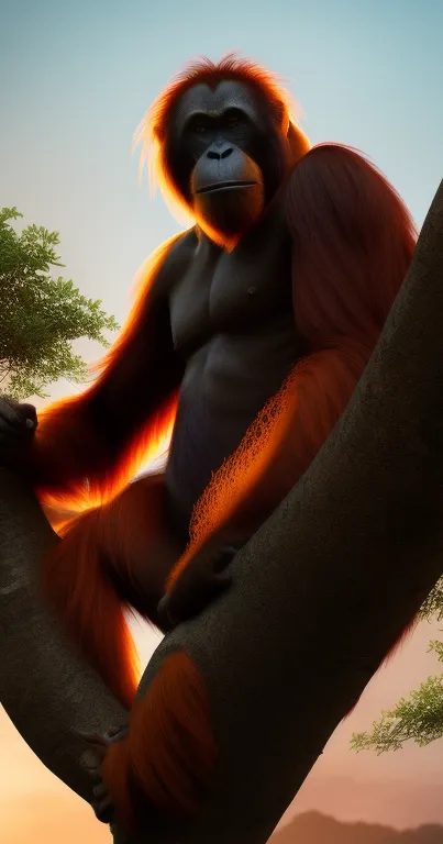 Orangutan sitting in a tree during a sunset with vibrant orange hues.