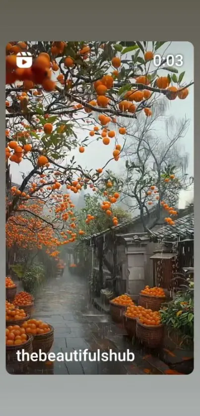 Misty orchard pathway with vibrant orange fruits in baskets and trees.