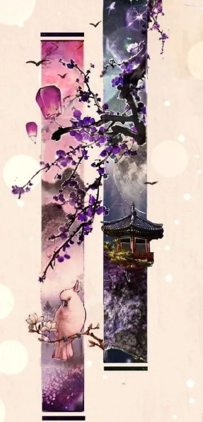 Oriental-themed wallpaper with purple branches and pagoda.