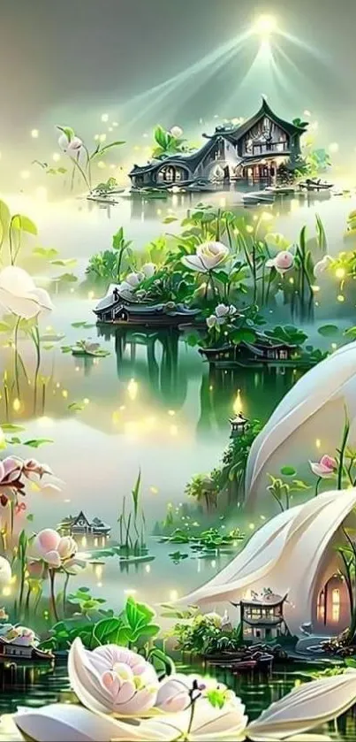 Serene oriental landscape with flowers and soft colors.