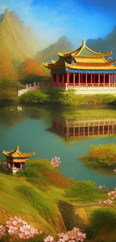 Serene landscape with oriental architecture and water reflection.