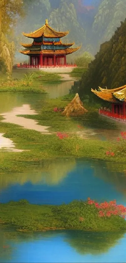 Peaceful oriental landscape with pagodas and lush greenery.