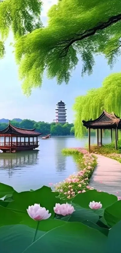 Serene lakeside view with pavilion and lotus flowers on a sunny day.