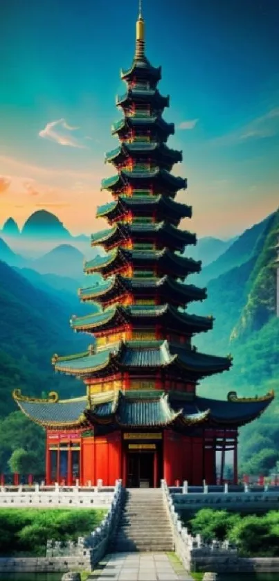 Oriental pagoda in lush green mountain landscape at sunset.