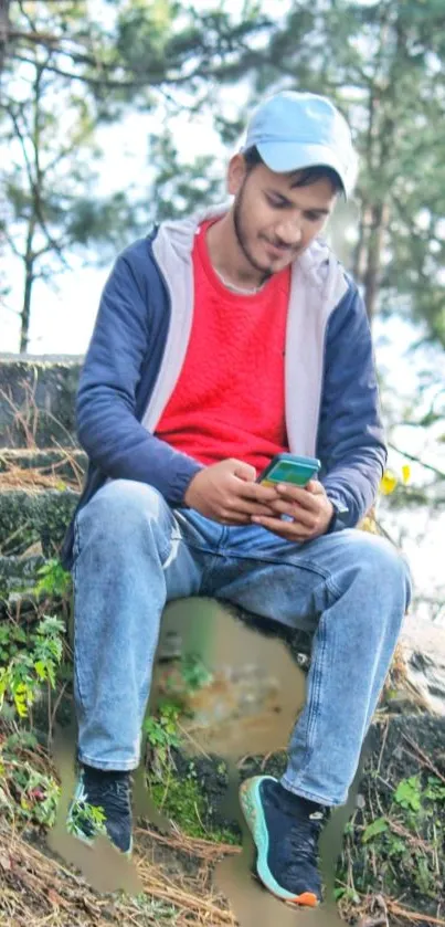 Person sitting outdoors using phone in nature scene.