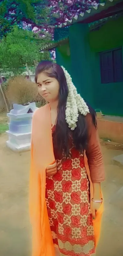 Person in traditional attire with a green backdrop.