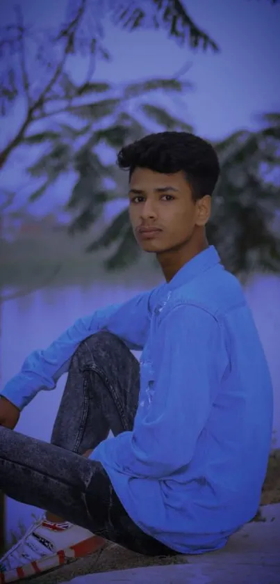 Portrait of young person in blue shirt outdoors with serene background.