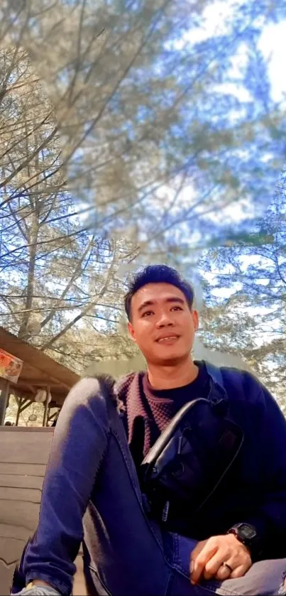 Man relaxing on a park bench amidst trees under blue skies.