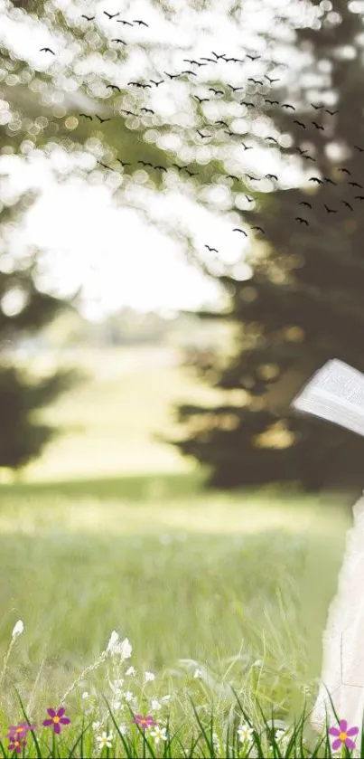 Woman reading in a sunny park with green grass.