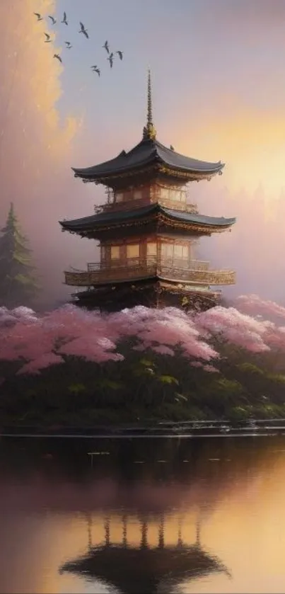 Serene pagoda surrounded by cherry blossoms at sunset.