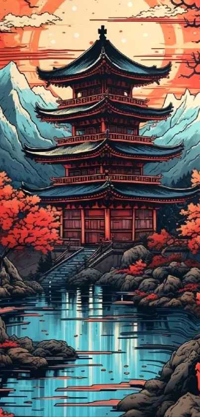 Illustrated pagoda with autumn foliage and lake.