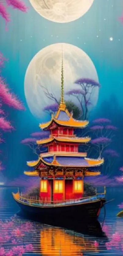 Vibrant pagoda beneath twin moons with pink trees.