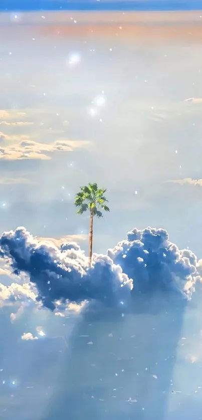 Lone palm tree amidst serene clouds and sky scene.