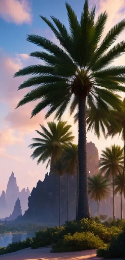 Palm trees silhouette at sunset by cliffs.