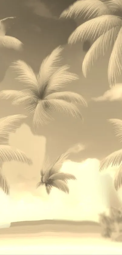 Sepia-toned wallpaper featuring palm trees and a serene tropical landscape.