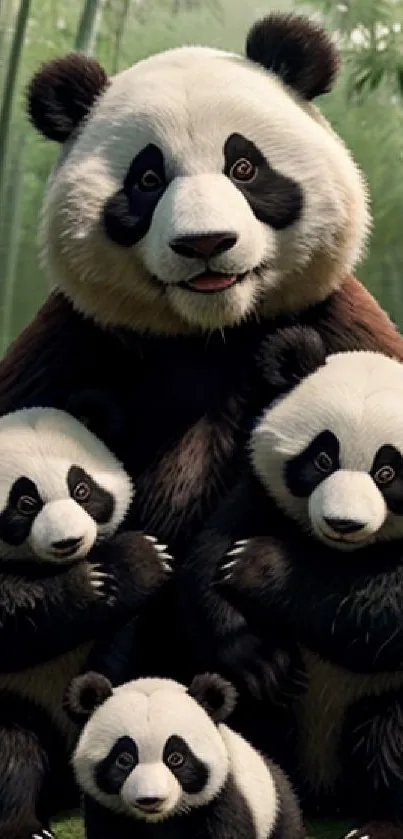 Panda family in a lush bamboo forest with serene setting.