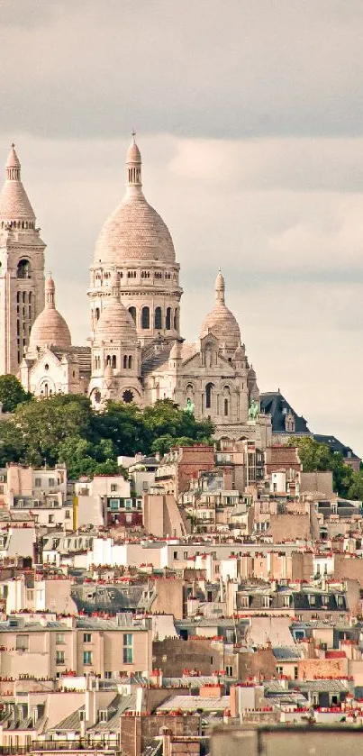 Sacré-Cœur Basilica and Paris cityscape under a cloudy sky, serene mobile wallpaper.